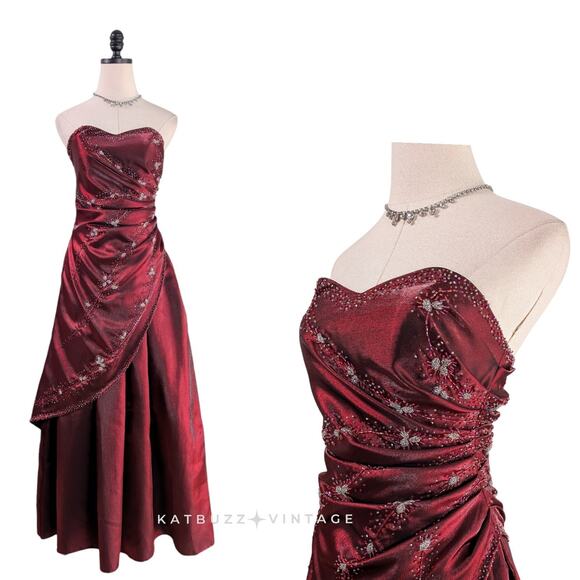 Vintage Prom Dress Maxi Gown S Red Y2K Goth Floral Bead Strapless Glam Satin - Picture 1 of 12